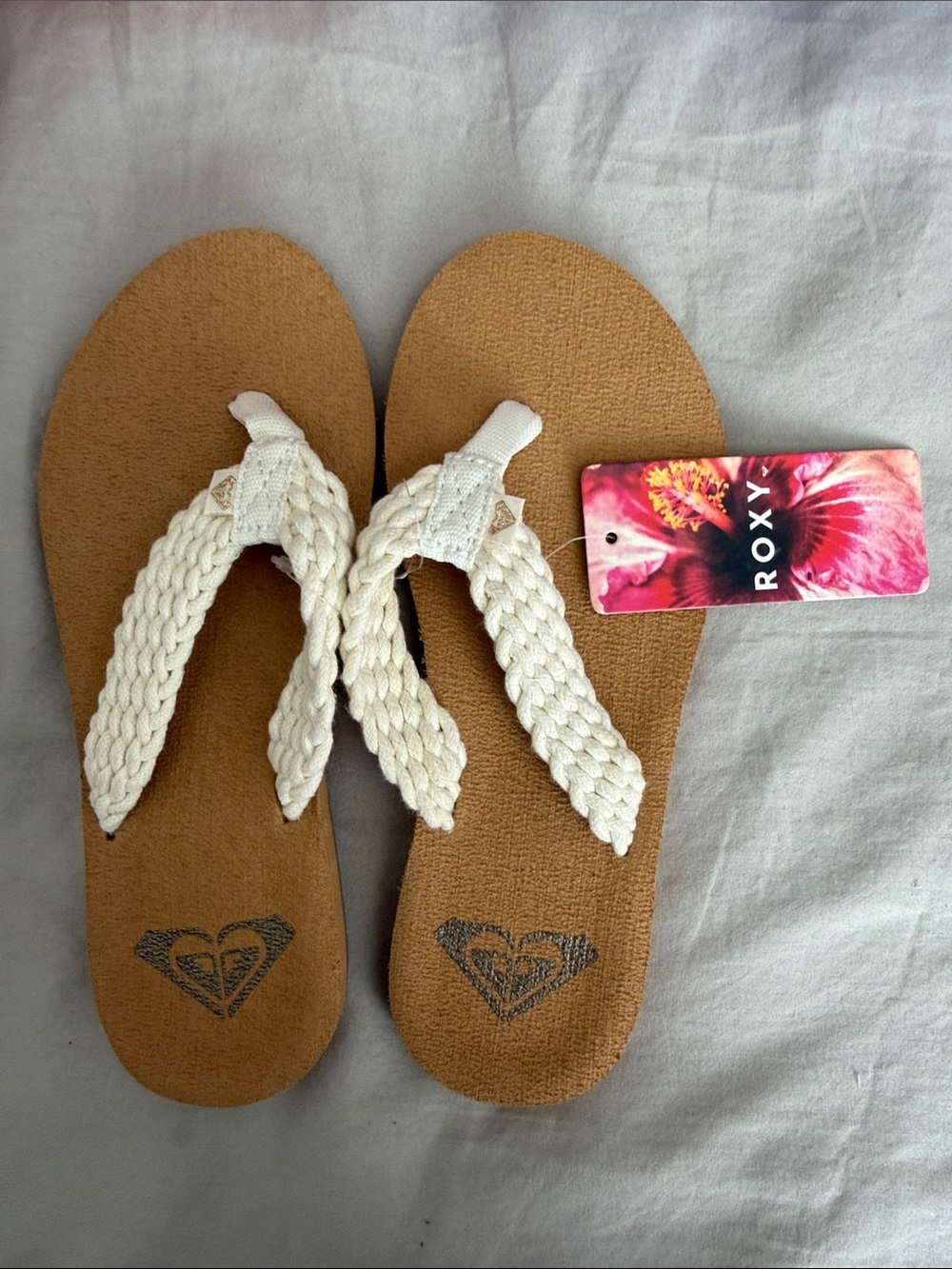 Roxy Girl's Cream Braided Strap Sandals with Tan Footbed NWT